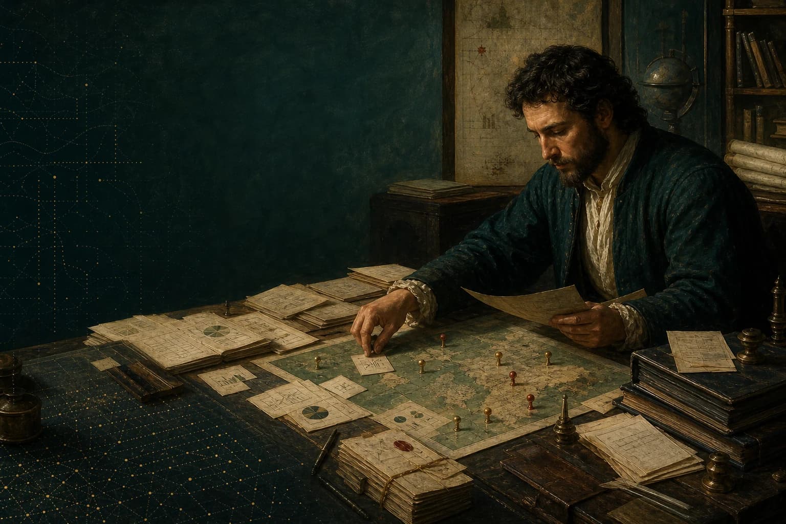 Renaissance-style analyst reviewing company dossiers, market maps and correspondence in a private-market intelligence atelier